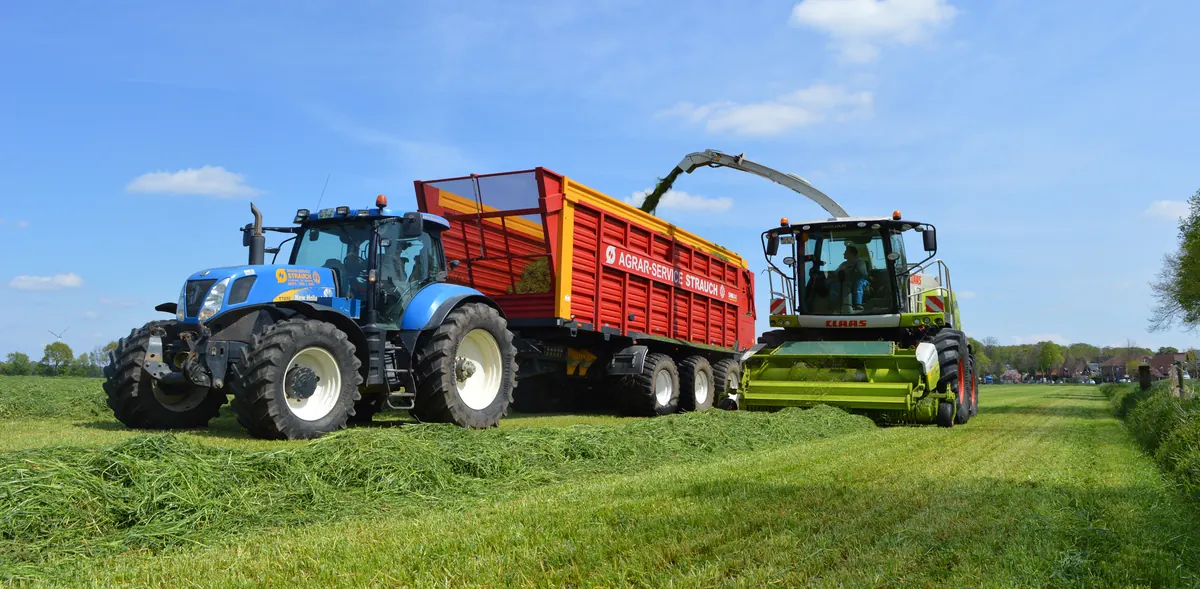 Grashäckseln: Ein Claas Jaguar füllt den Häckselwagen von Agrar-Service Strauch, gezogen von einem New-Holland-Traktor.