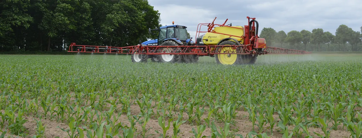 Blauer Traktor mit gelber Anhängespritze und ausgeklapptem Gestänge in einem jungen Maisfeld.